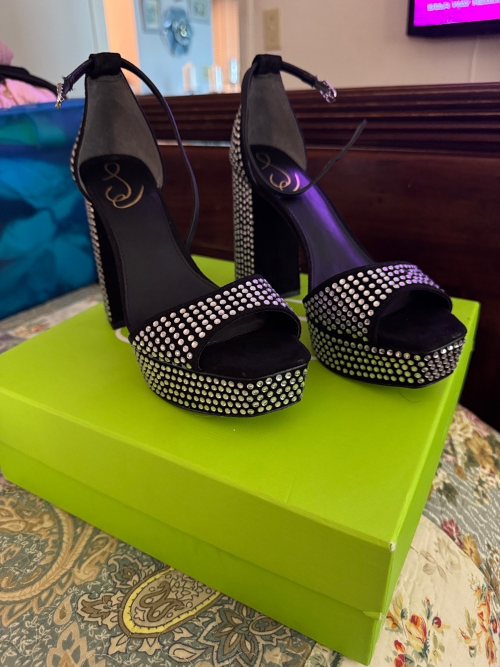 Sam Edelman Nellie  Rhinestone Platform Block-Heel Sandals with Ankle Strap